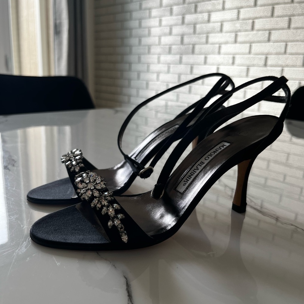 Manolo Blahnik Black Crystal-Embellished Strappy Slingback Heels - Picture 3 of 7